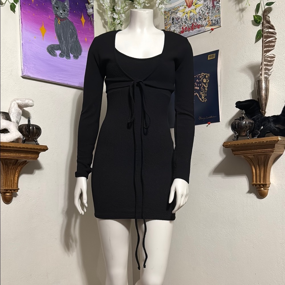 Black spaghetti wrap mini dress with long sleeve front tie coverup